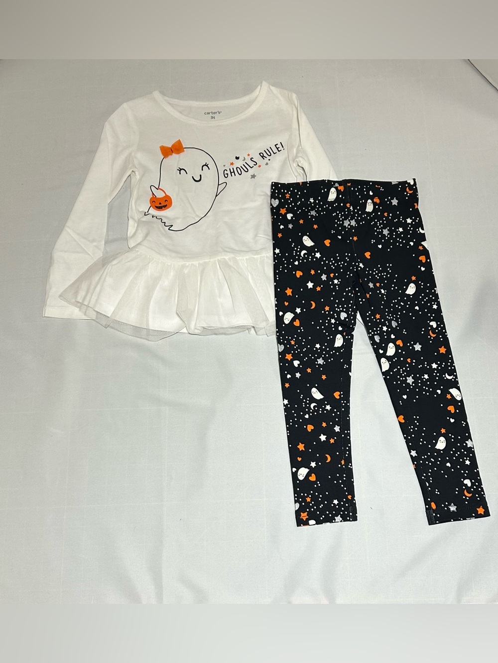 Carter's Girls 3T White Ghouls Rule 2 Pc Outfit Top & Black Leggings NWT
